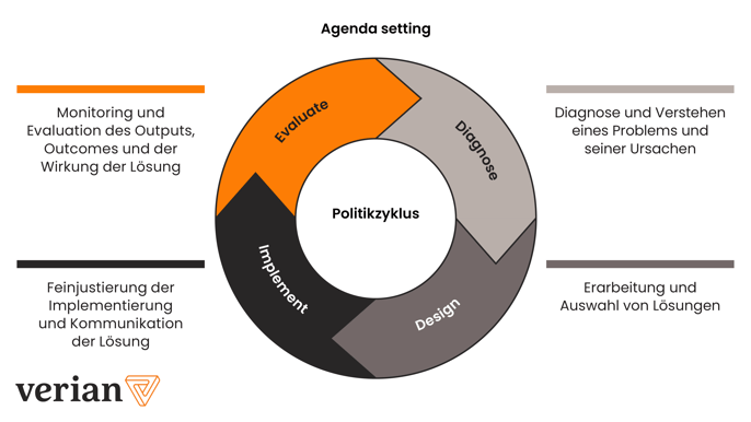 Circular diagram illustrating the policy cycle with interconnected stages, including agenda setting, formulation, adoption, implementation, evaluation, and feedback.