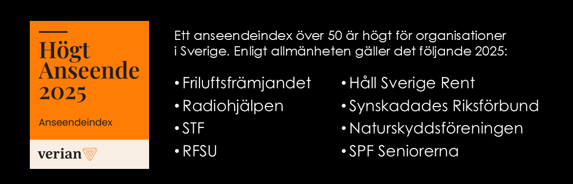 Åtta organisationer har 50 eller högre i anseendeindex 2025: Friluftsfrämjandet, Radiohjälpen, STF, RFSU, Håll Sverige Rent, Synskadades Riksförbund, Naturskyddsföreningen och SPF Seniorerna. Allmänheten har utvärderat ett 40-tal organisationer i Sverige, på Verians initiativ.