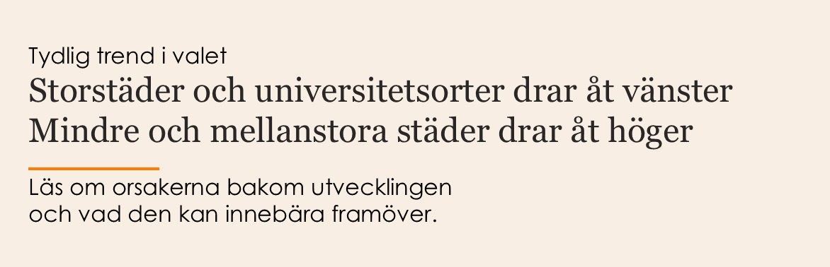 Storstäder och universitetsorter drar åt vänster. Mindre och mellanstora städer drar åt höger. Läs om orsakerna bakom utvecklingen och vad den kan innebära framöver.
