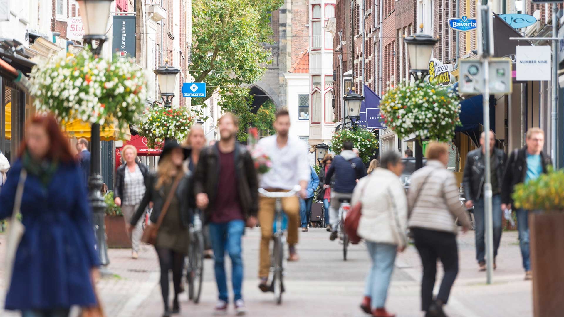 Gågata i stad med gående, cyklister och grönskande träd