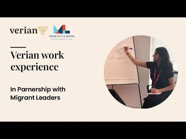 An image for the Verian work experience video. On the right side of the image, Verian and Migrant Leaders are placed at the top with the words 'Verian work experience' and 'In Partnership with Migrant Leaders' below it. On the left is an image of a work experience intern writing on a flipchart.